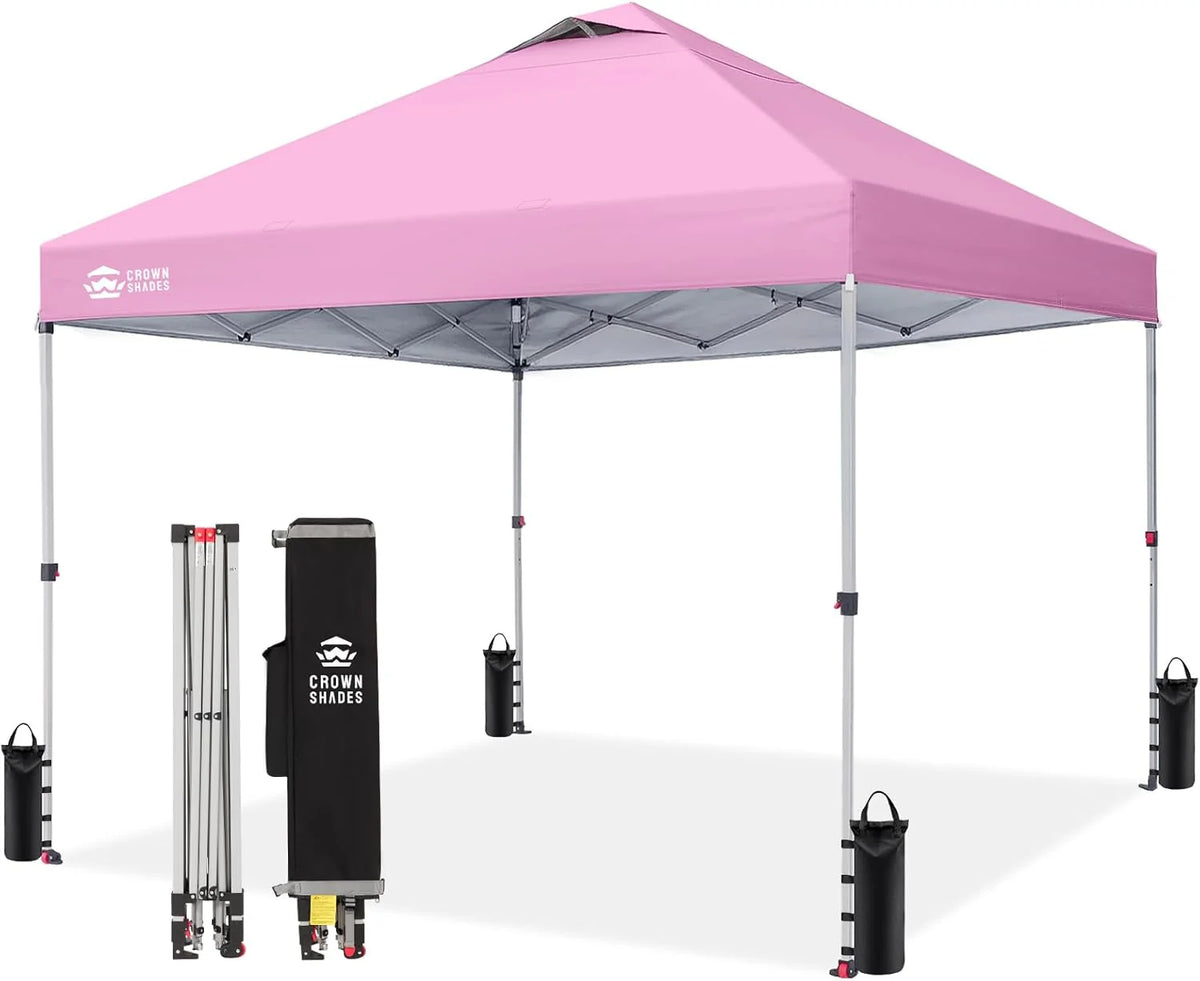 Crown Shades 10x10 Pop Up Canopy - Beach Tent with One Push Setup - Outdoor Sun Shade for Events, Parties, Camping - Gazebo with STO-N-Go Cover Bag, Silver Coated Top, 3 Height& 4 Sand Bags, Yellow