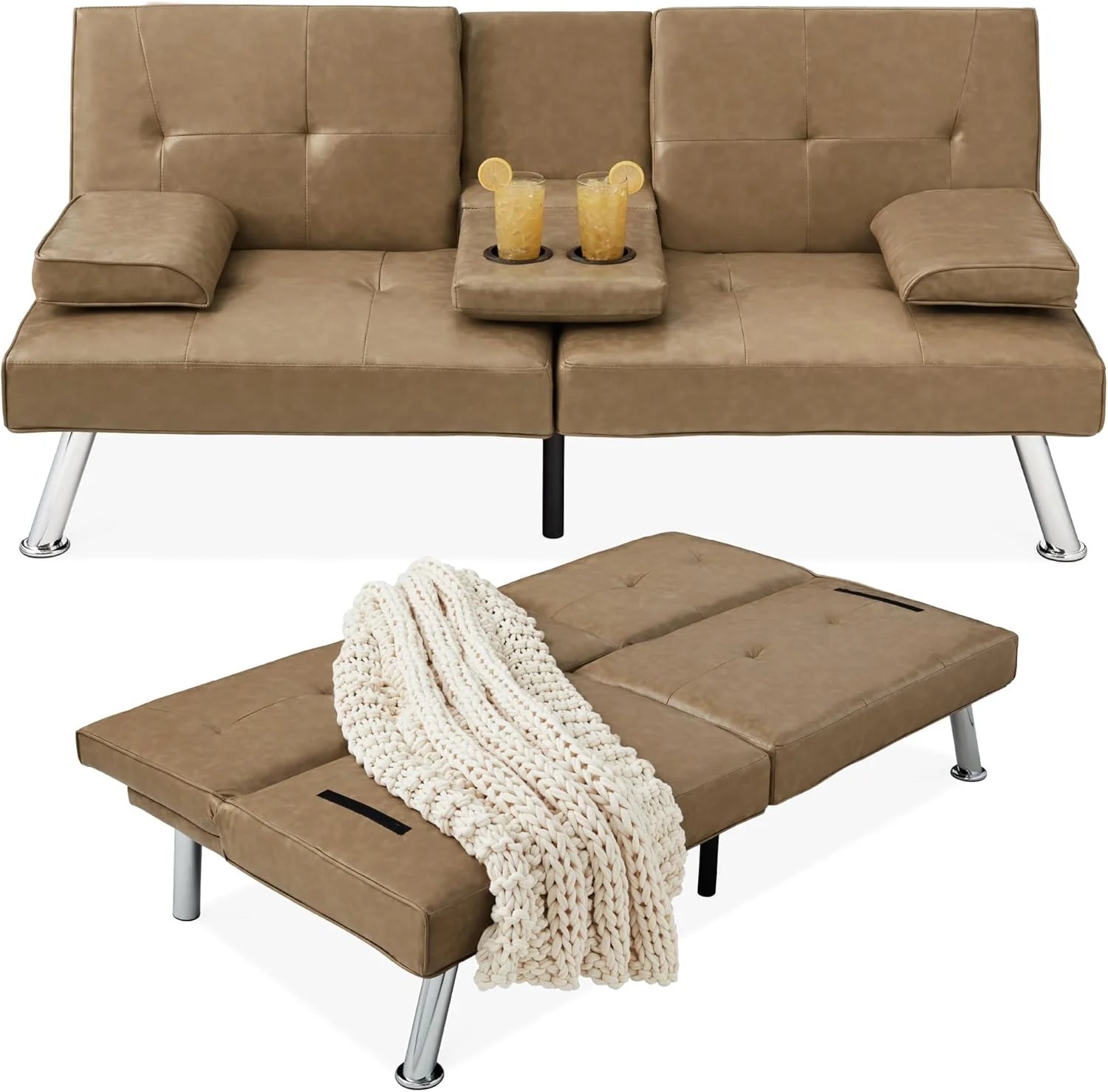 Best Choice Products Faux Leather Upholstered Modern Convertible Futon, Adjustable Folding Sofa Bed