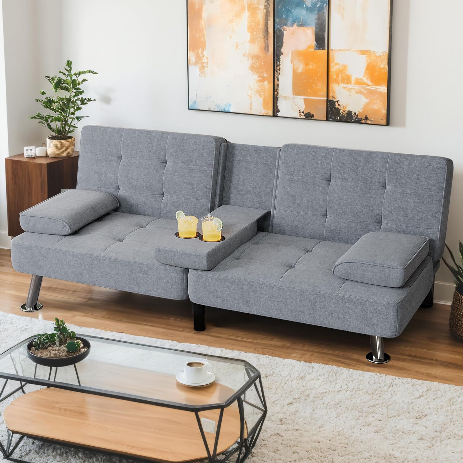 Shahoo Modern Linen Upholstered Convertible Folding Futon Sofa Bed with Removable Armrests