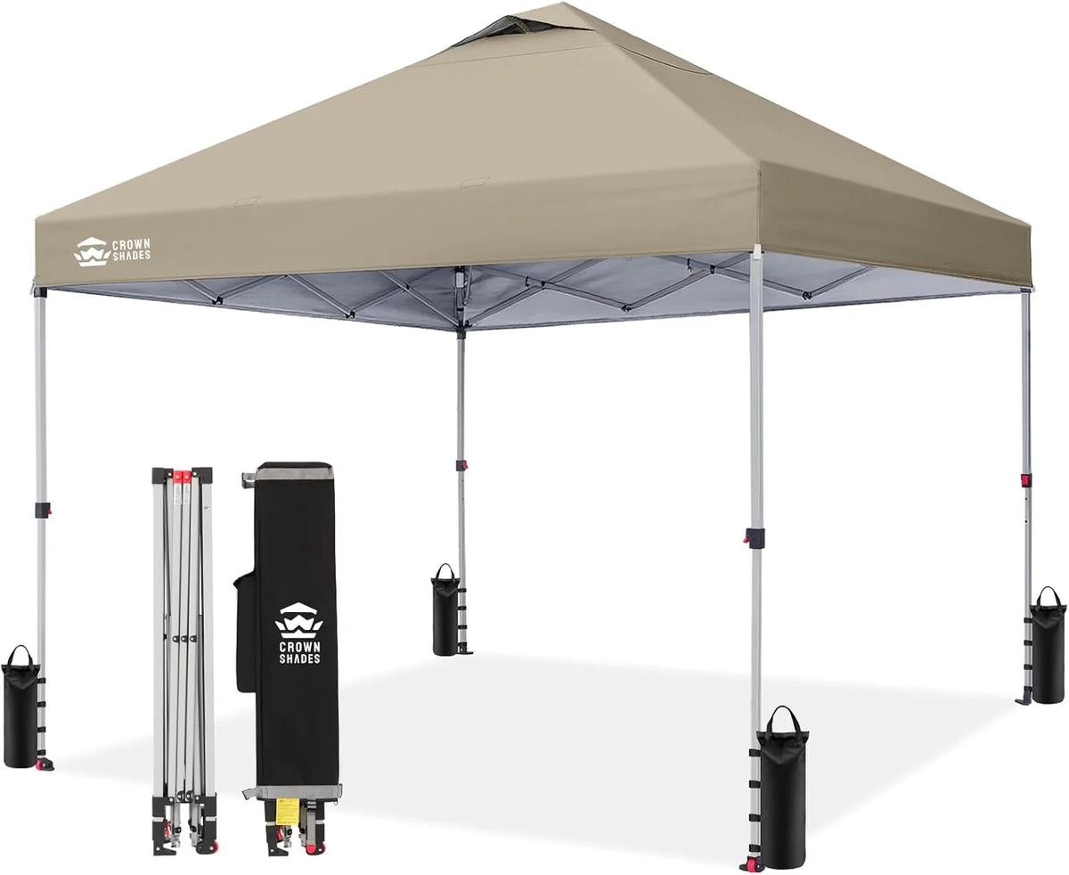 Crown Shades 10x10 Pop Up Canopy - Beach Tent with One Push Setup - Outdoor Sun Shade for Events, Parties, Camping - Gazebo with STO-N-Go Cover Bag, Silver Coated Top, 3 Height& 4 Sand Bags, Yellow