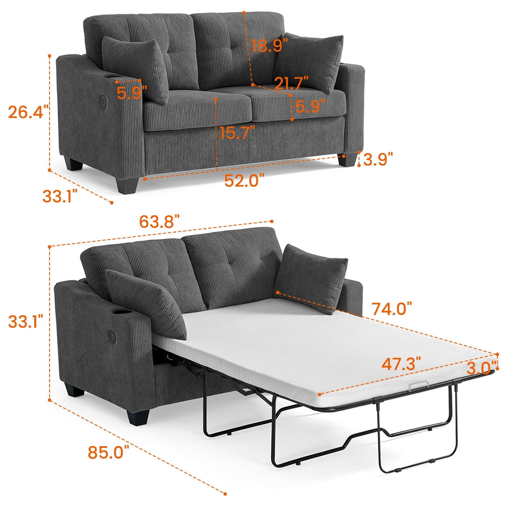 CHIC HOUSE Pull Out Sofa Bed Couch Queen Size with Mattress USB, Convertible Sleeper Sofa Loveseat for Small Spaces RV, Corduroy Pull Out Couch Bed for Living Room with Cup Holders LED Lights, Beige