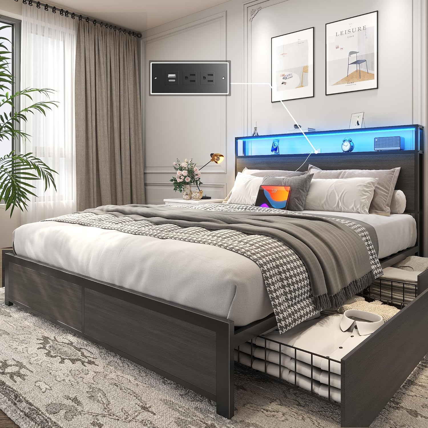Lifezone Queen Bed Frame 2-Tier Storage Headboard Metal Platform Bed Frame 4 Storage Drawers