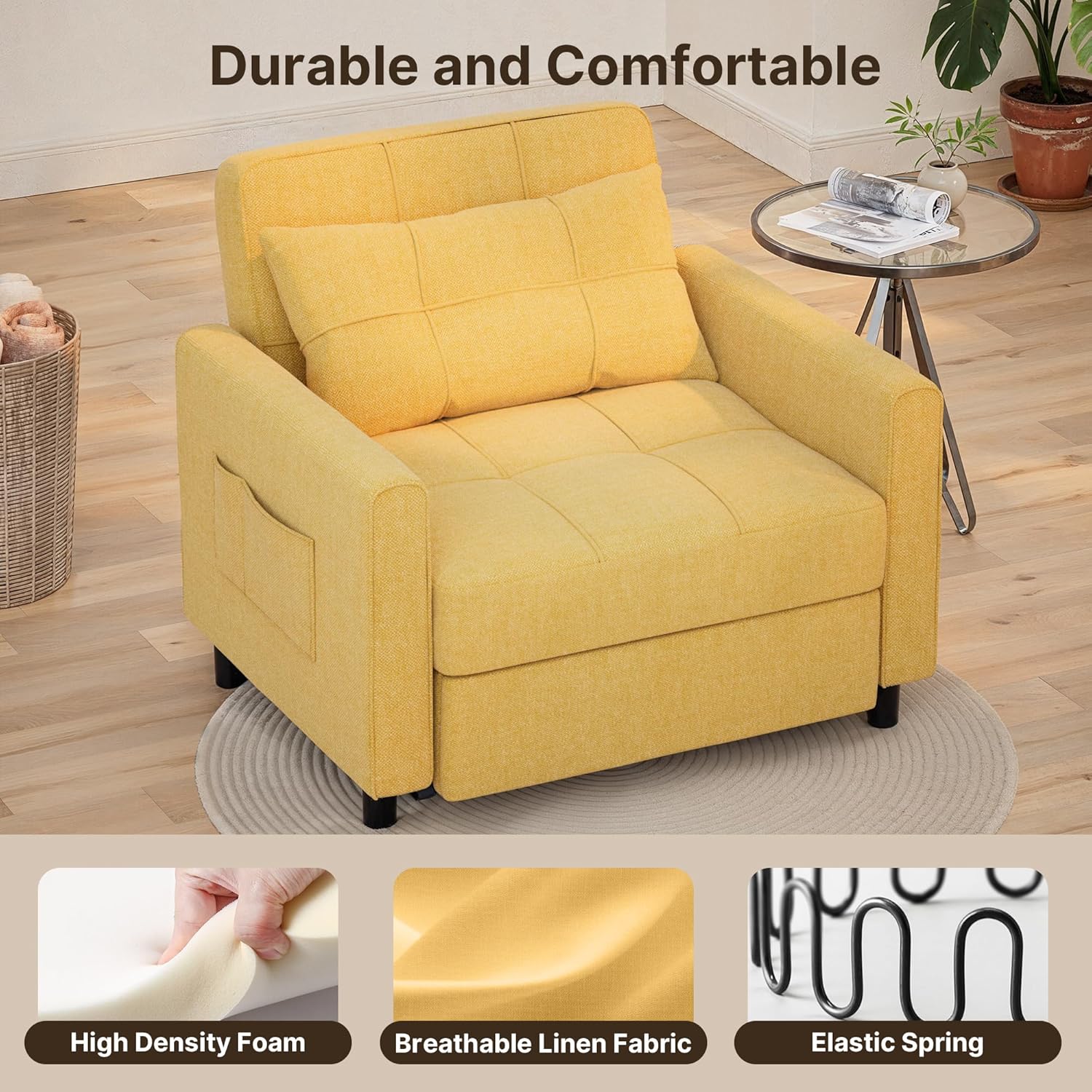 Sofa Bed Chair 3 in 1 Convertible Pullout Single Sleeper Chair Bed Spacious Multifunctional Sofa