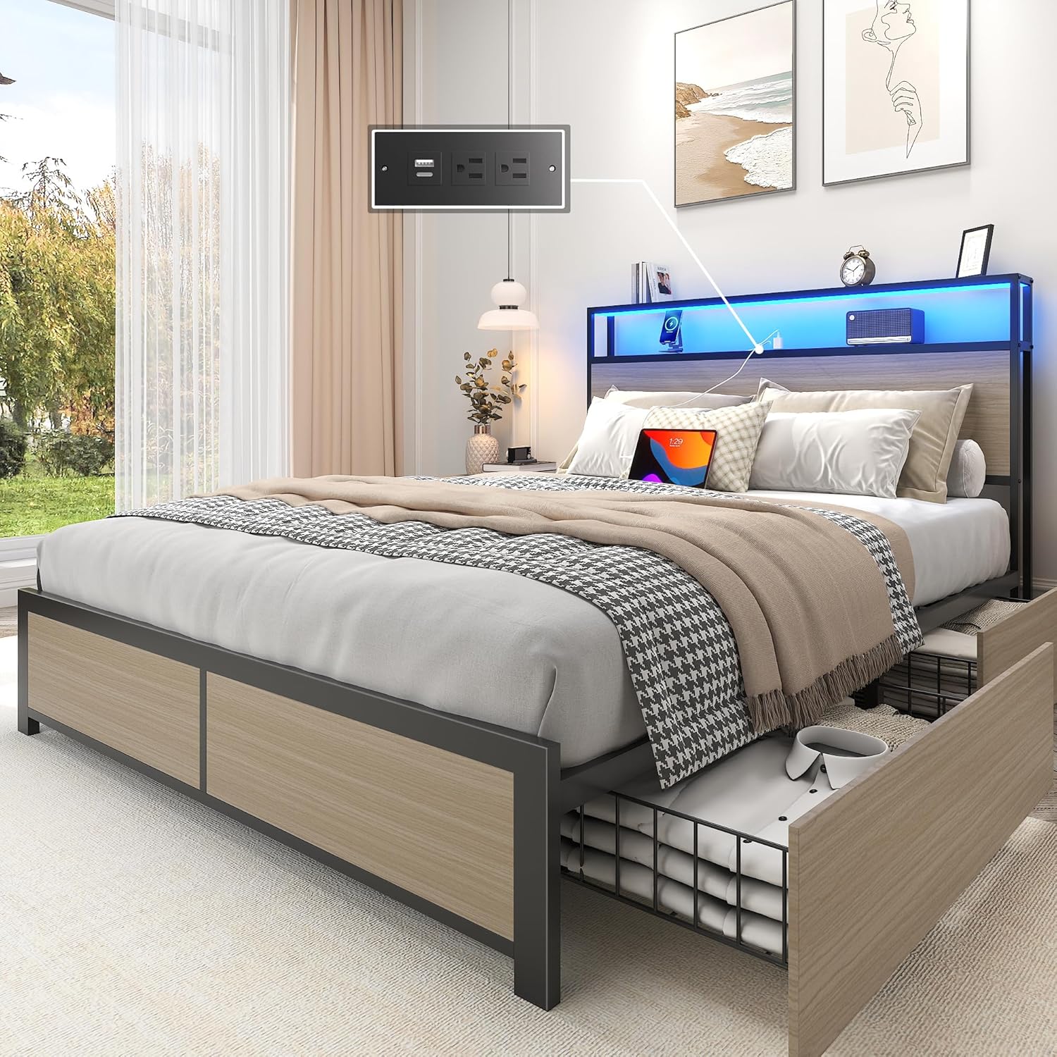 Lifezone Queen Bed Frame 2-Tier Storage Headboard Metal Platform Bed Frame 4 Storage Drawers