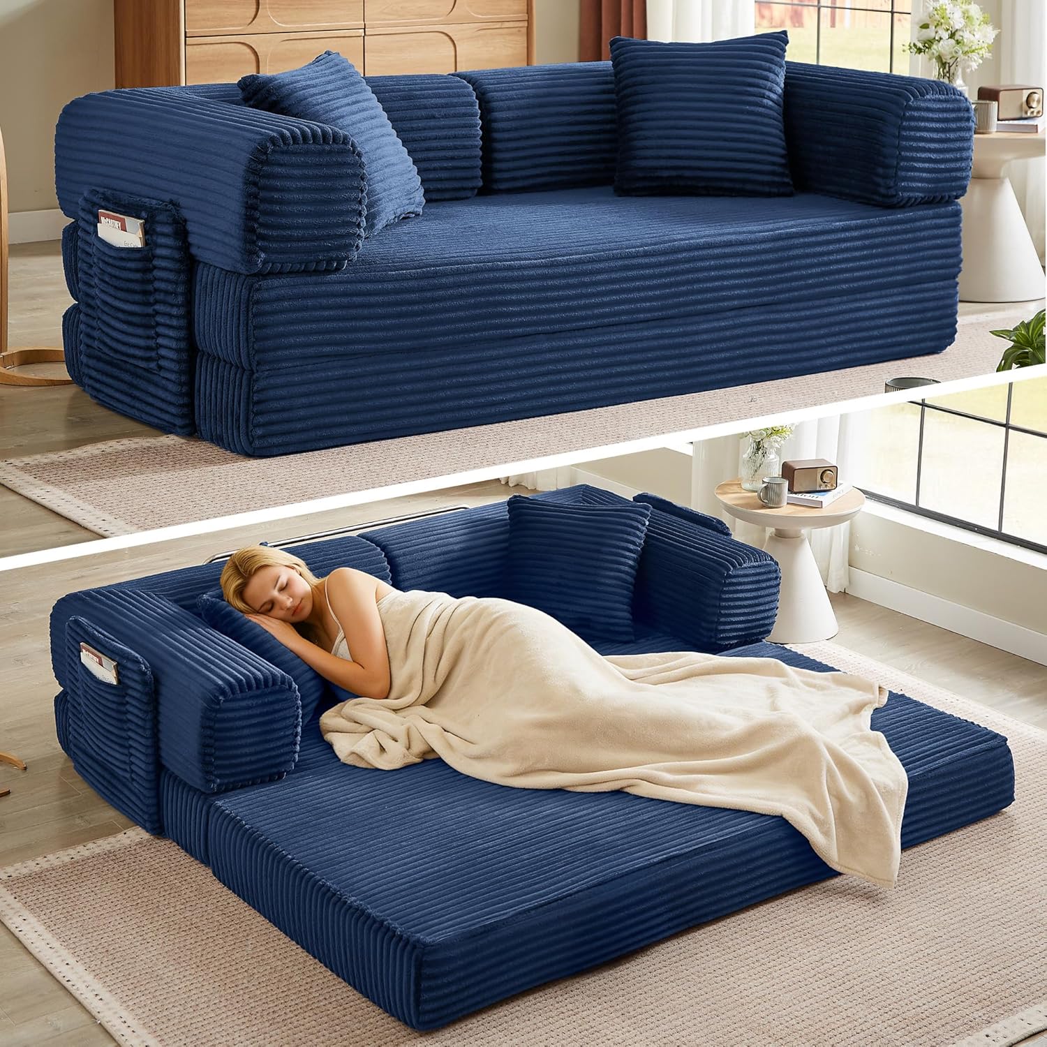 Boneless Couch Folding Couches for Living Room Sofa, Futon Sofa Bed with Sleeper Sofa, Futon Couch with Fixed-Shape Oversized Corduroy Upholstered (White, 81 Inches)