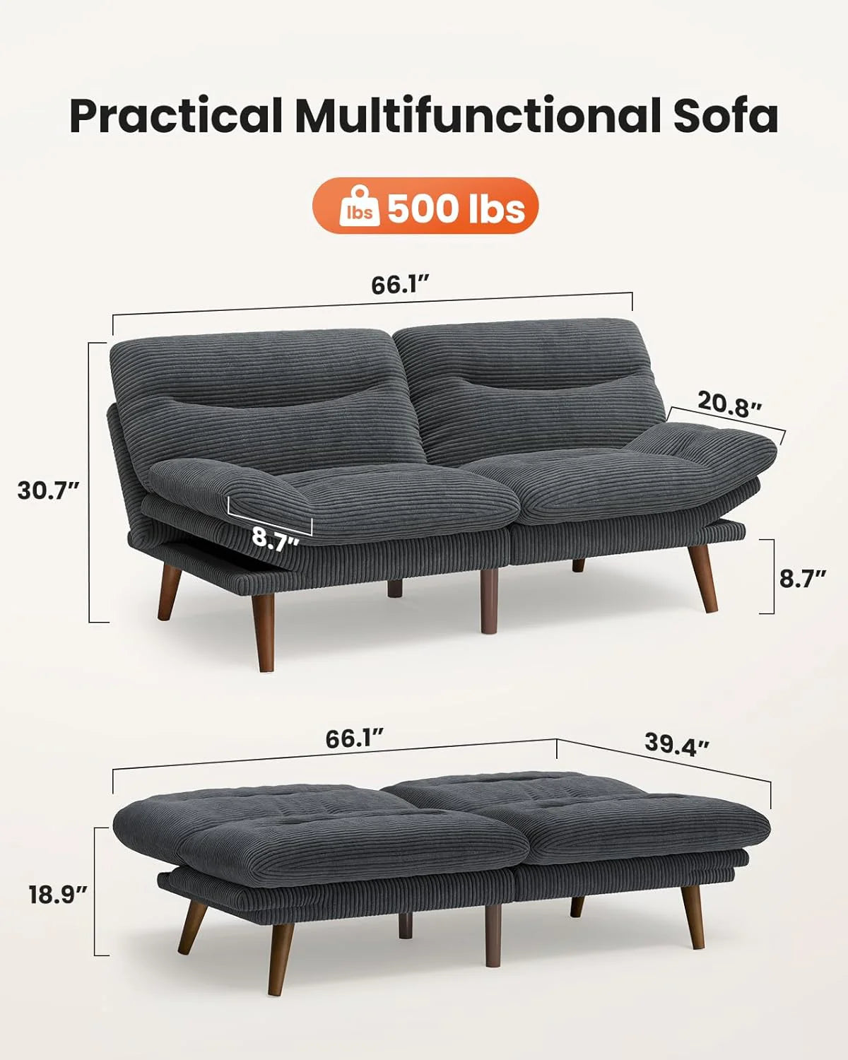 Convertible Futon Sofa Bed, 66 Inch Corduroy Futon Sofa Recliner Sofa Bed for Small Spaces, Playrooms or Offices